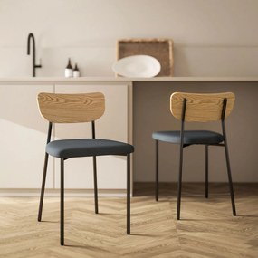 Conjunto de 2 cadeiras de sala de jantar com pés em aço, encosto curvo e assento almofadado, cinzento e com efeito de madeira natural