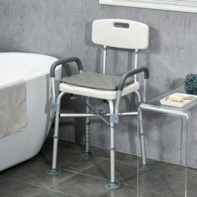 Cadeira de Duche para Idosos com Encosto Apoios de Braço Altura Ajustável Almofada Acolchoada Removível  53,5x52x80-90 cm Branco