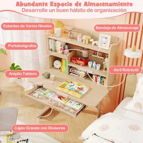 Secretária infantil 100 x 60 x 111-135 cm com estante e gaveta em altura com superfície inclinável Prateleiras Atril e porta-lápis Natural