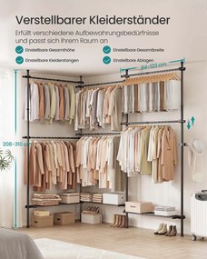 Guarda roupa 33,5 x (240-353) x (208-310) cm com Barras telescópicas com 6 barras e 3 prateleiras em preto