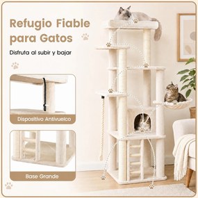 Árvore para Gatos de 5 Níveis, 71 x 71 x 194 cm, Para Vários Gatos, Bege