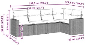 5 pcs conj. sofás jardim c/ almofadões vime PE cinzento-claro