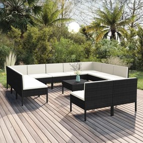 vidaXL 12 pcs conjunto lounge de jardim c/ almofadões vime PE preto