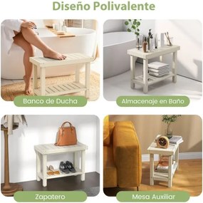 Banco de Casa de banho 61 x 31 x 49 cm  com prateleira de armazenamento Banco de duche impermeável Branco