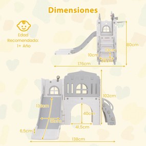 Escorrega infantil 9 em 1 com cesto de basquetebol, telescópio, ponte suspensa e túnel para 1+ anos 176 x 138 x 80 cm cinzento e branco