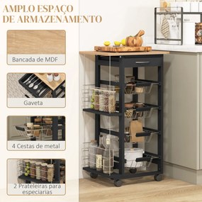 Carrinho de Cozinha com Rodas Carrinho Auxiliar com Gaveta 4 Cestas Amovíveis de Metal e Prateleiras Laterais 47x37x83 cm Preto e Madeira