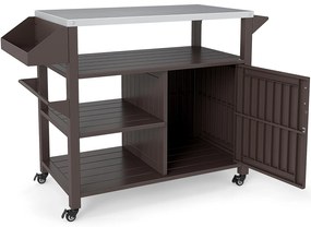 Carrinho para churrasco 116 x 50 x 87 cm com rodas com bancada em aço inoxidável, 3 prateleiras, armário e prateleira para temperos Castanho + Pratead