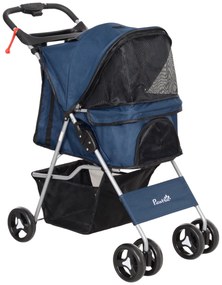 PawHut Carrinho para Animais de Estimação Dobrável com Capô Ajustável Cesta de Armazenamento 74x46x94 cm Azul Escuro | Aosom Portugal