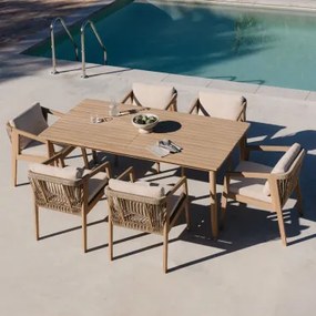 Conjunto De Mesa Retangular 180x90 Cm E 6 Cadeiras De Jardim Em Madeira De Acácia E Corda Trançada Kaela Marrom Acácia Claro & Tecido Castanho Areia -