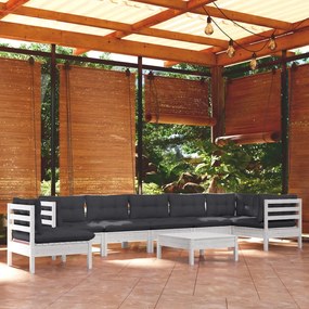 9 pcs conj. lounge de jardim c/ almofadões pinho maciço branco