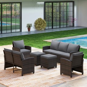Conjunto de 6 Peças de Jardim com Sofás, Poltronas e Apoios para os Pés, Vime de PE, Castanho e Cinzento