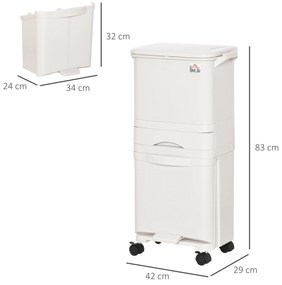 HOMCOM Caixotes de Lixo e Reciclagem 45L Caixote Móvel com Rodas 4 Compartimentos Gaveta Abertura e Fechamento com Botão e Pedal 42x29x83cm Branco
