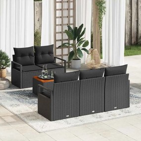 vidaXL Conjunto de Sofá de Jardim com 6 Peças e Almofadas em Rattan Poliéster Preto Acácia