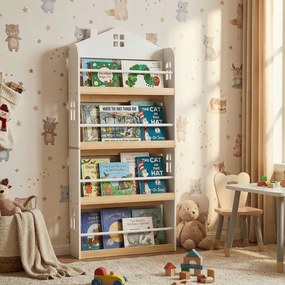 Estante infantil desenho Casa 61 x 15 x 130 cm com 4 níveis com barreiras antiqueda e barra metálica Branco e Natural
