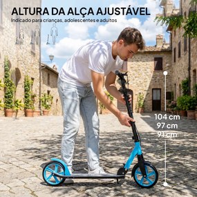 Trotinete Dobrável com Guiador Ajustável Rodas Grandes de 200 mm Amortecimento e Travão Carga Máxima de 100 kg 91,5 x 36,5 x 91-104 cm Azul