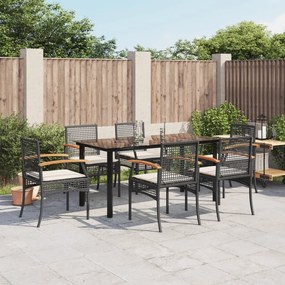 7 pcs conjunto de jantar p/ jardim c/ almofadões vime PE preto