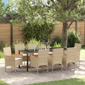 Conjunto de Jantar de Jardim de 9 Peças com Almofadas Bege Rattan Poliéster