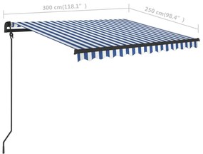 Toldo retrátil manual com postes 3x2,5 m azul e branco