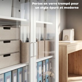 Armário de escritório 80 x 40 x 110 cm com 2 portas de vidro, 2 prateleiras ajustáveis, móvel de arrumação para escritório em aço, branco