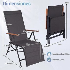 Espreguiçadeira de Jardim Dobrável, 72-138 x 57 x 91-110 cm, Encosto Ajustável em 5 Posições, Preto