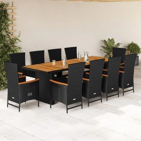 vidaXL 11 pcs conjunto de jantar p/ jardim c/ almofadões vime PE preto