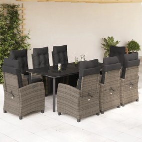 9 pcs conjunto de jantar p/ jardim c/ almofadões vime PE cinza