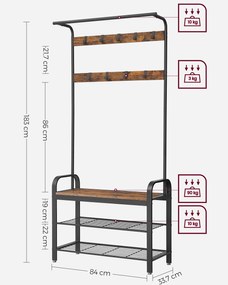 Cabideiro com banco e 2 prateleiras de grelha 84 x 33,7 x 183 cm Castanho vintage + Preto