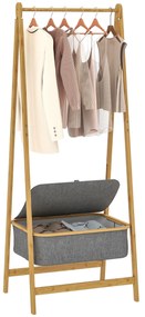 HOMCOM Suporte para Cabides de Bambu com Cesto de Tecido Suporte para Cabides Dobrável para Entrada, Quarto 60x44,5x157,5 cm Madeira Cinzento