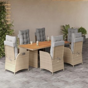 vidaXL 7 pcs conj. jantar jardim c/ almofadões vime PE bege misturado