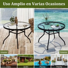 Mesa jarim para exterior com vidro temperado 70 x 70 x 45,5 cm, orifício para guarda-sol e metal para jardim ou terraço Preta