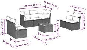 8 pcs conjunto sofás de jardim com almofadões vime PE preto