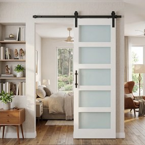 Porta de Correr com Ferragens 71x213 cm Porta de Correr Interior de MDF e Vidro Fosco com Rolo Trilho Guia de Chão Branco