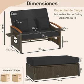 Sofá-cama de rattan para exterior com apoio para os pés com arrumação Encosto ajustável em 4 níveis e tabuleiros laterais retrácteis Castanho/preto