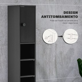 Coluna Casa de Banho Estreita  20x20x180 cm com 1 Gaveta 4 Prateleiras Abertas e Prateleiras Ajustáveis Preto