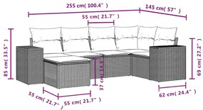 6 pcs conjunto de sofás jardim c/ almofadões vime PE castanho