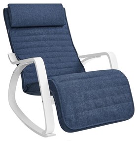 Cadeira de balanço SONGMICS com braços de madeira de bétula, apoio para os pés ajustável em 5 posições, carga de 150 kg para quarto, sala de estar, azul meia-noite e branco LYY011Q01