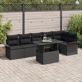 vidaXL Conjunto de Sofá de Jardim de 7 Peças com Almofadas Pretas de Rattan Poliéster