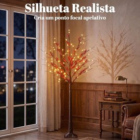 Árvore de Bétula Artificial 150 cm com Bagas Vermelhas 96 LED Temporizador e 12 Ramos Flexíveis