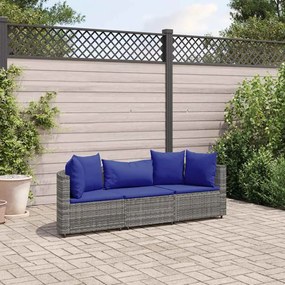 vidaXL 3 pcs conjunto sofás de jardim c/ almofadões vime PE cinzento