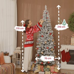 Árvore de Natal Estreita 210 cm com neve e com Luzes LED Bicolores 11 Modos de Iluminação 687 Ramos Suporte Metálico Verde