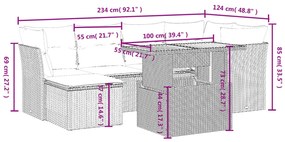 7 pcs conjunto de sofás p/ jardim com almofadões vime PE bege
