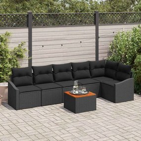 vidaXL Conjunto de Sofá de Jardim de 7 Peças com Almofadas Pretas Rattan Polido Acácia