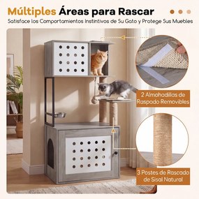 Arranhador para gatos 3 em 1  com vários níveis 72 x 43 x 117,5 cm, postes de sisal, condomínio, zona de refeições, bola suspensa, recinto e caixa de