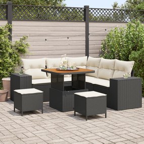 Conjunto de Sofá de Jardim 8 Peças com Almofadas Preto Rattan de Polietileno Acácia