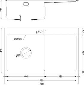 Mexen Exar lava-loiça de aço inoxidável de 1 bacia com escorredor à esquerda 780 x 480 mm, inox - 6433781010L-01