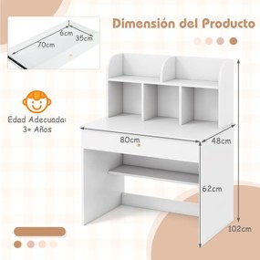 Secretária para crianças com prateleira, gaveta e estante aberta 80 x 48 x 102 cm, branca
