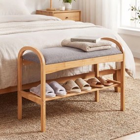 Banco para sapatos em bambu 70 x 31 x 51 cm com 2 níveis com almofada acolchoada e prateleira – ideal para a entrada, corredor, sala de estar e quarto
