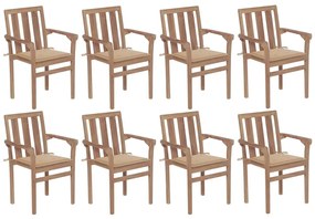 vidaXL Cadeiras de jardim empilháveis c/ almofadões 8 pcs teca maciça
