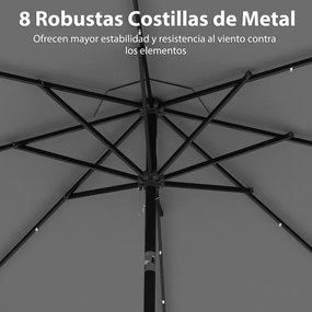 Guarda-sol de 300 cm com 24 luzes LED, parte superior ventilada, folhos e ajuste de inclinação cinzento