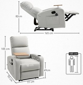 Poltrona de Massagem Poltrona Relax Elétrica com 4 Modos de Vibração Reclinação 145° Mesa 2 Bolsos Laterais 77x93x105 cm Cinza
